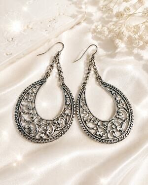 1928 Jewelry Silver Tone Filigree Crescent Hoop Dangle Earrings Boho